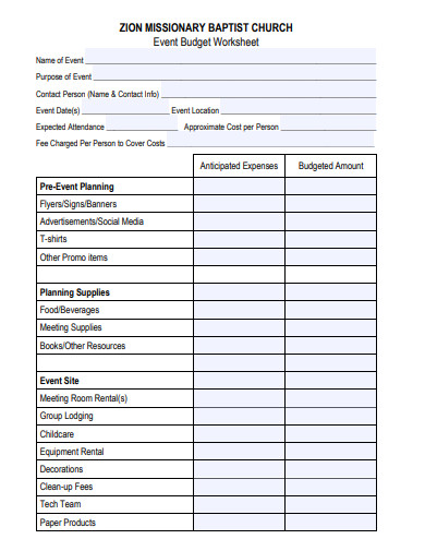 church event budget worksheet