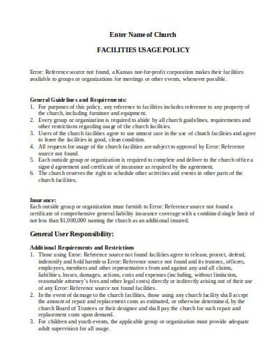church facility usage agreement policy template