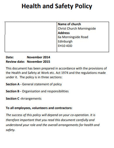 church health and safety policy template