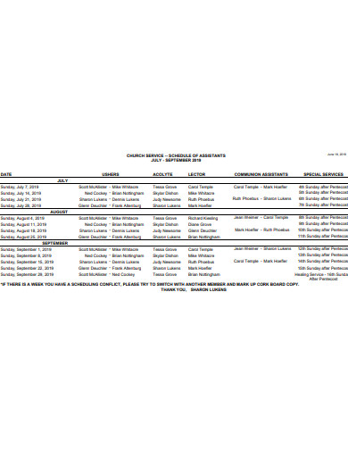church services schedule of assistants template
