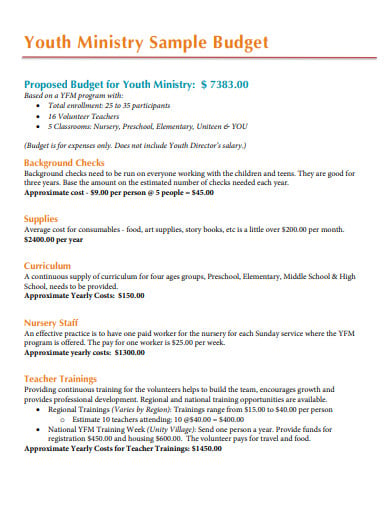 church youth ministry budget template