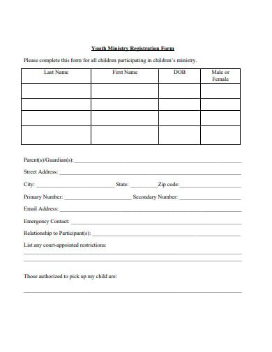 church youth ministry registration form template
