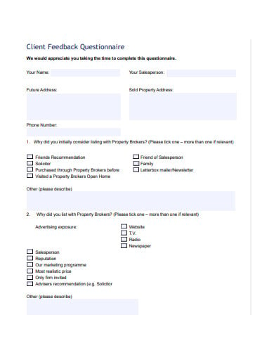 client feedback questionnaire template
