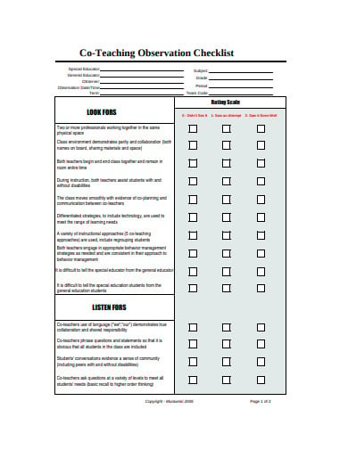 co teaching observation checklist example