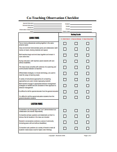 co teaching observation checklist example