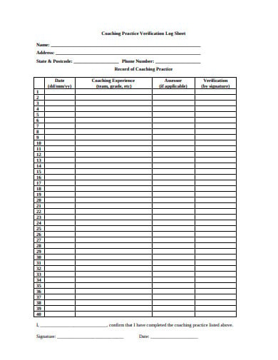 coaching practice verification log sheet