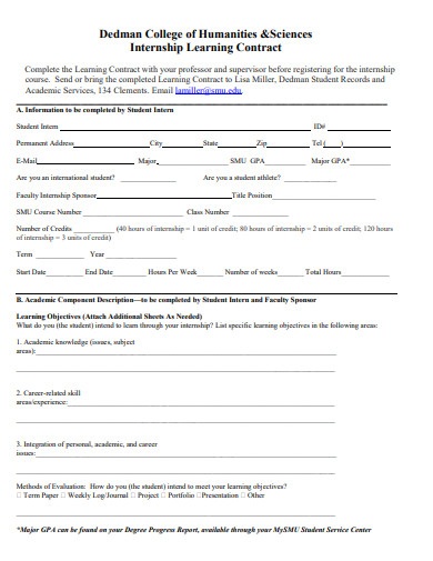 college internship learning contract template