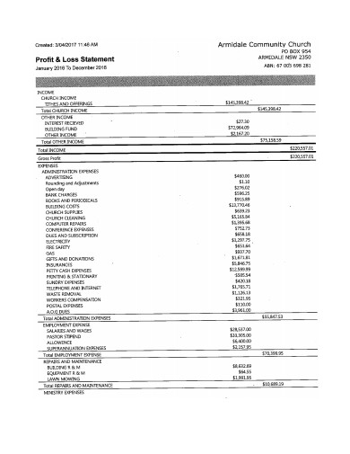 community church profit and loss statement template
