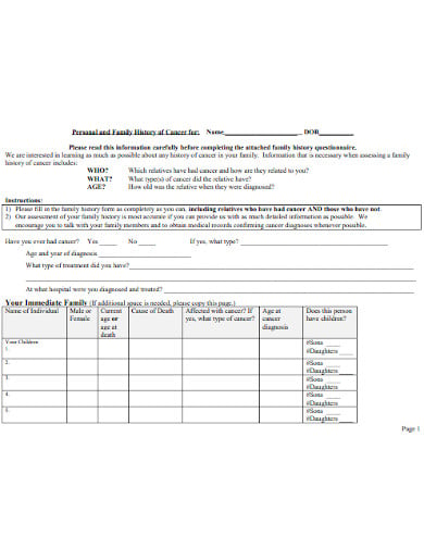 comprahensive family history questionnaire template