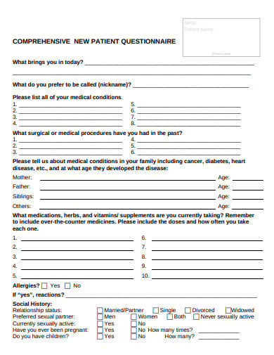 comprehensive new paitent questionnaire template