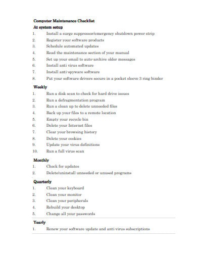 computer maintenance checklist example