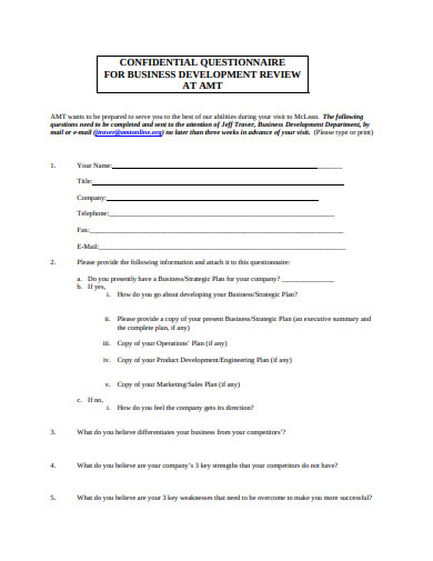 confidential business development questionnaire template