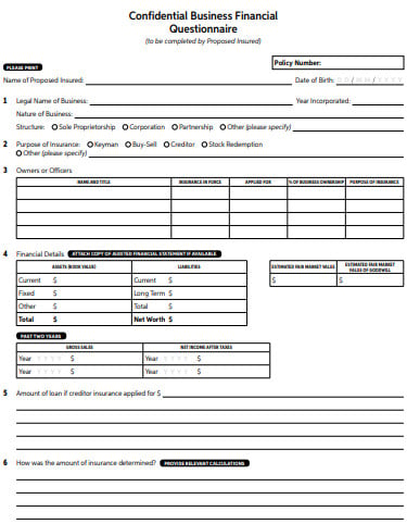 confidential business financial questionnaire template