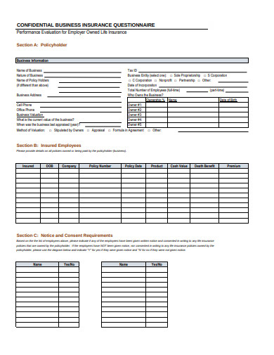 confidential business insurance questionnaire format