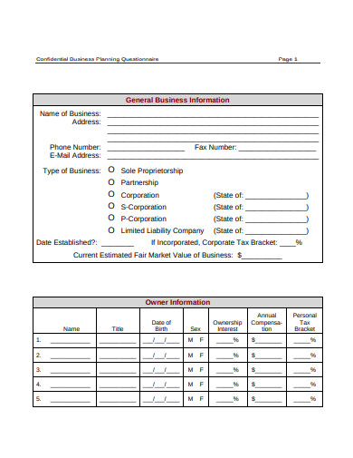 confidential business planning questionnaire simple