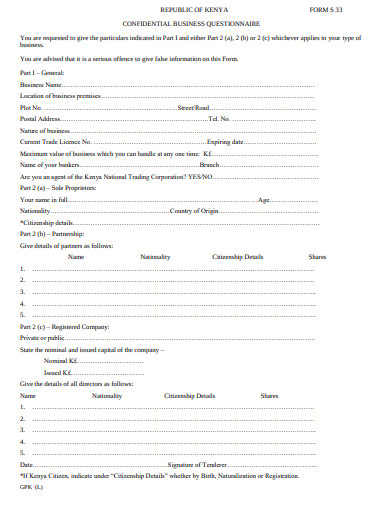 confidential business questionnaire form template