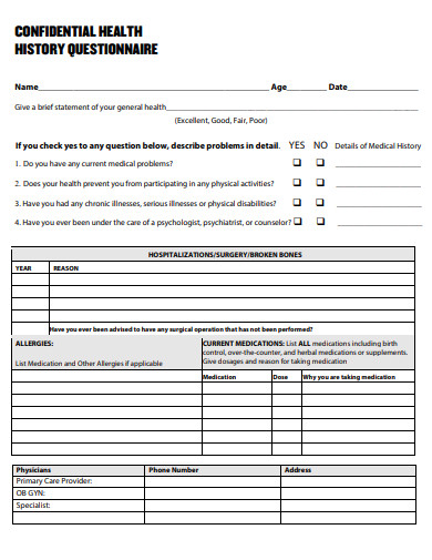 23 Health History Questionnaire Templates In Pdf Microsoft Word