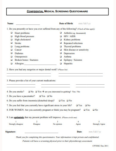 confidential medical screening questionnaire template