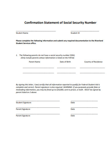 confirmation statement for social security number template