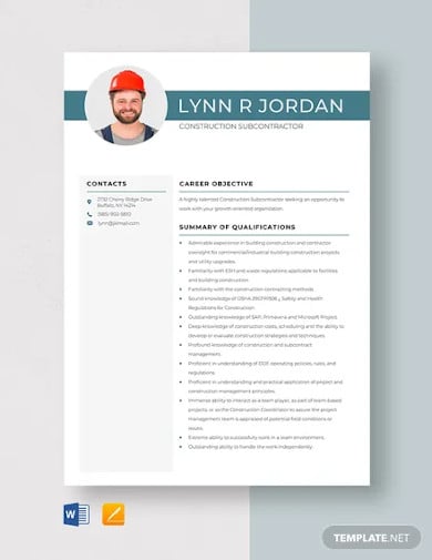 construction-subcontractor-resume-template