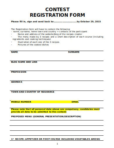 contest registration form sample