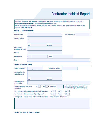 contractor defence incident report form
