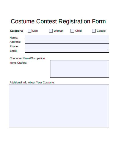 costume contest registration form sample