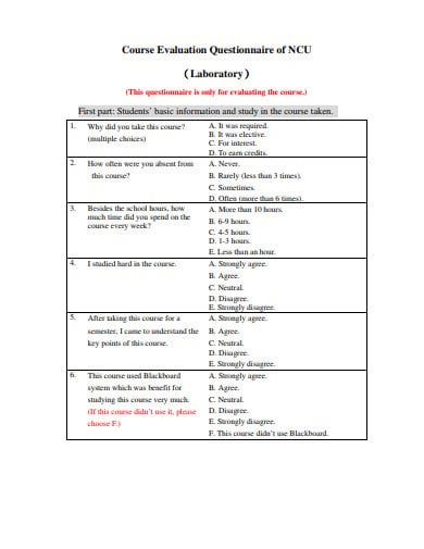 course evaluation questionnaire example