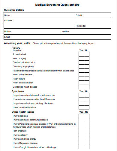 cryospa medical screening questionnaire template