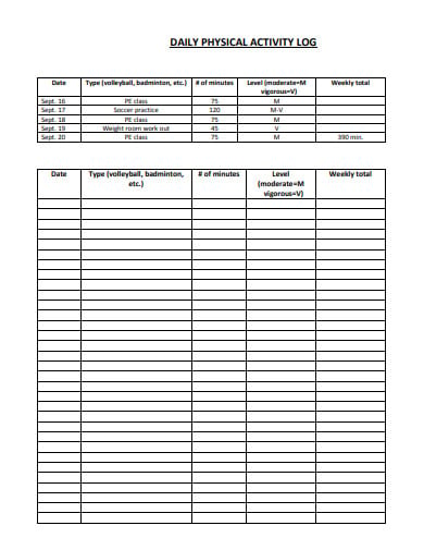 daily physical acttivity log template