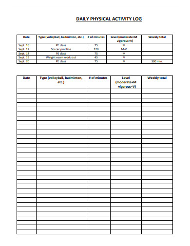 daily physical acttivity log template