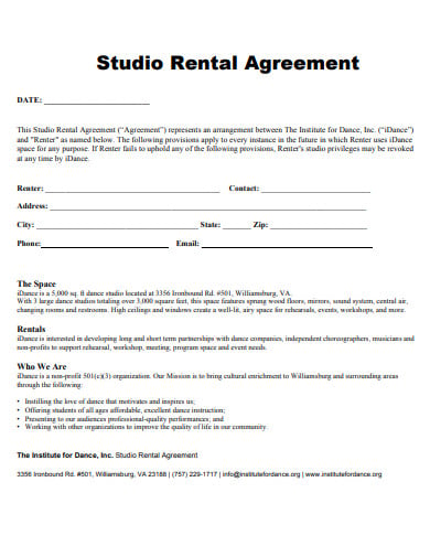dance institute studio rental agreement
