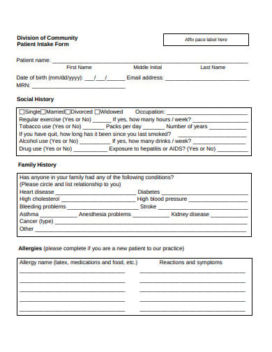 division of community patient intake form template