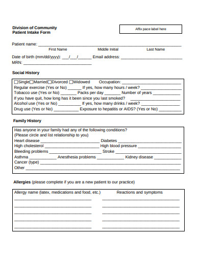 division of community patient intake form template