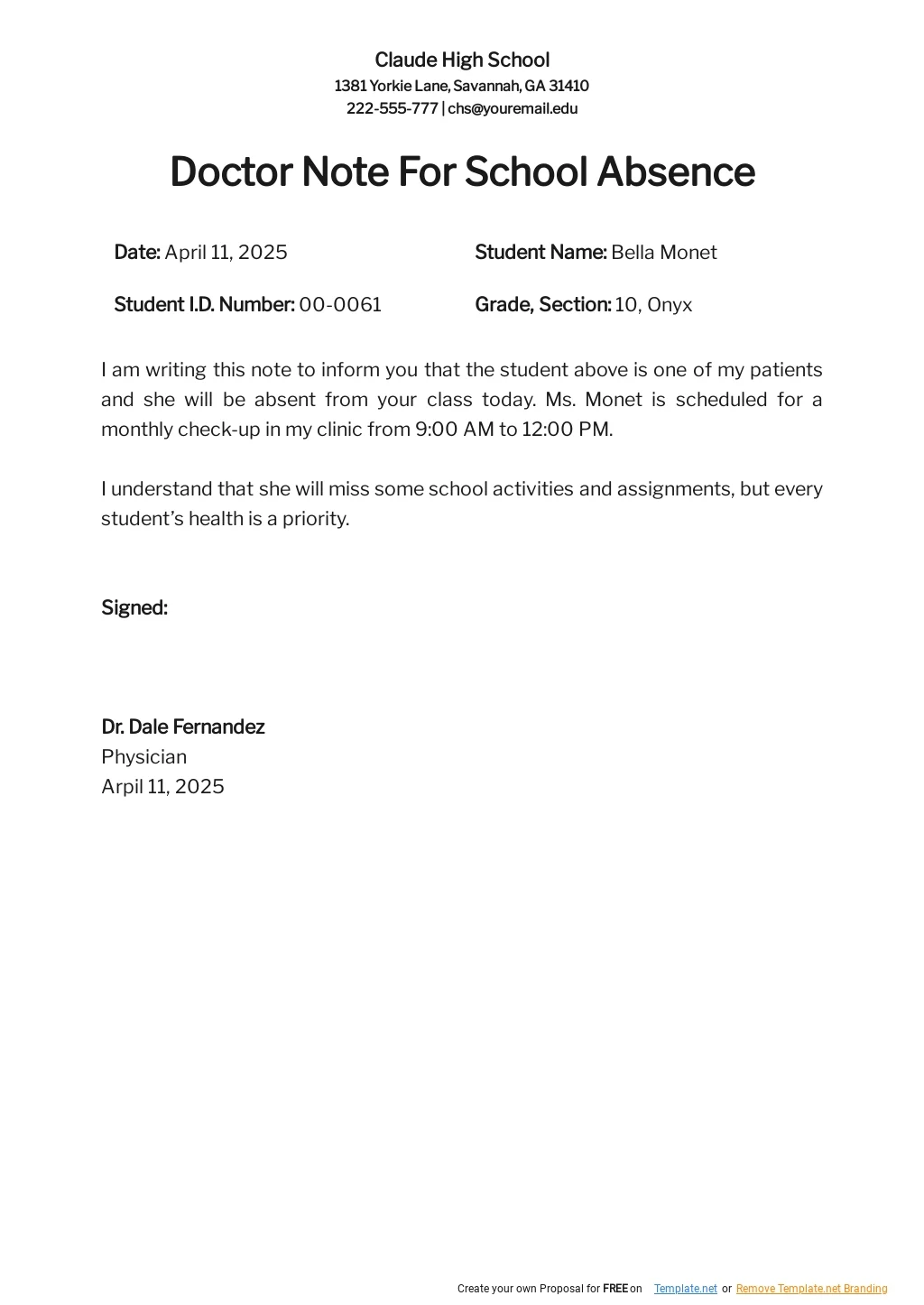 doctor note for school absence template