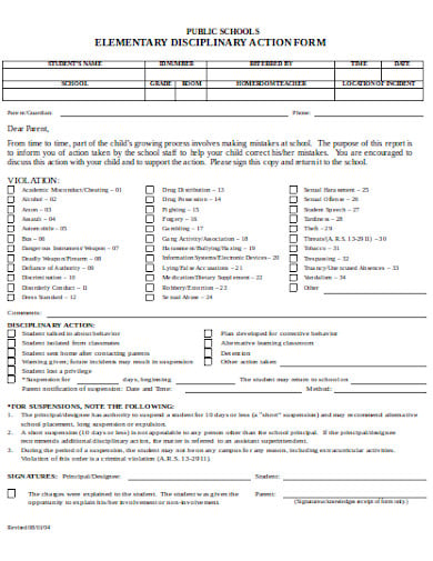 elementary school disciplinary action form template