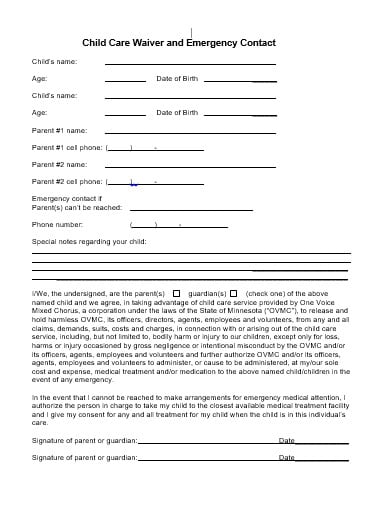 emergency childcare liability wavier template