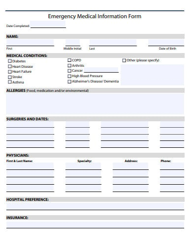 emergency medical information form example