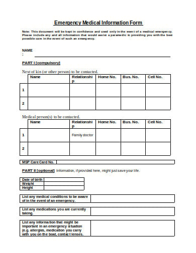 emergency medical information form format