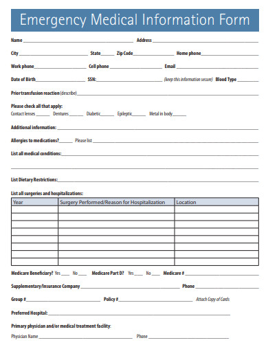 Downloadable Printable Emergency Medical Information Form Printable 