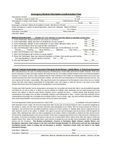 emergency medical information and authorization form template