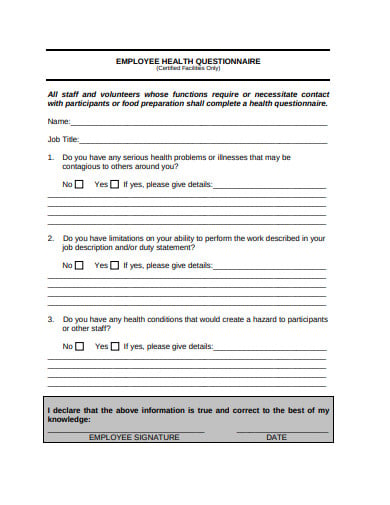 employee health questionnaire template