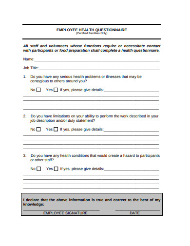 employee health questionnaire template