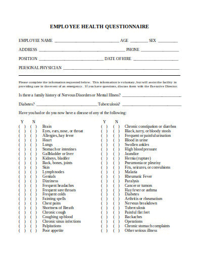 employee health questionnaire in doc