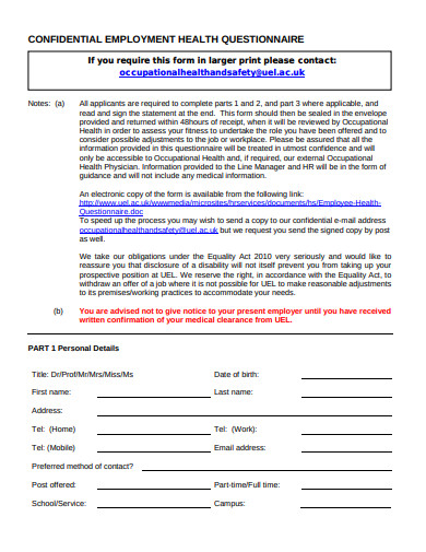 Employee Health Questionnaire Printable Forms