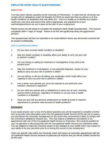 employee work health questionnaire example