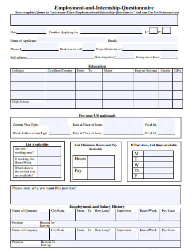 employement and internship questionnaire template