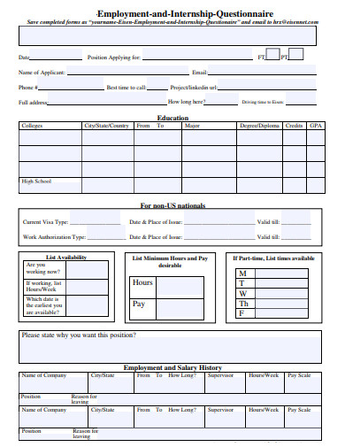 10+ Internship Questionnaire Templates in PDF | DOC | Free & Premium ...