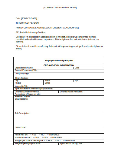 employer internship request form in doc