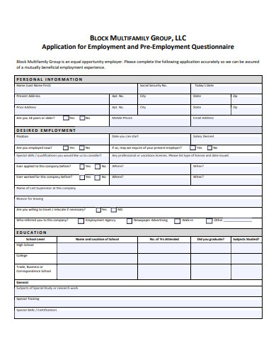 18+ Pre-Employment Questionnaire Templates in PDF | MS Word | Free ...